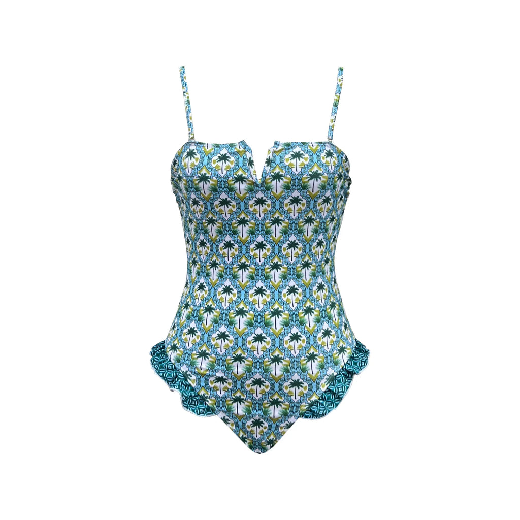 Bandage One Piece Swimsuit Women Swimwear Ruffle Bodysuit Monokini Print Swim Suit Bathing Suit Beachwear