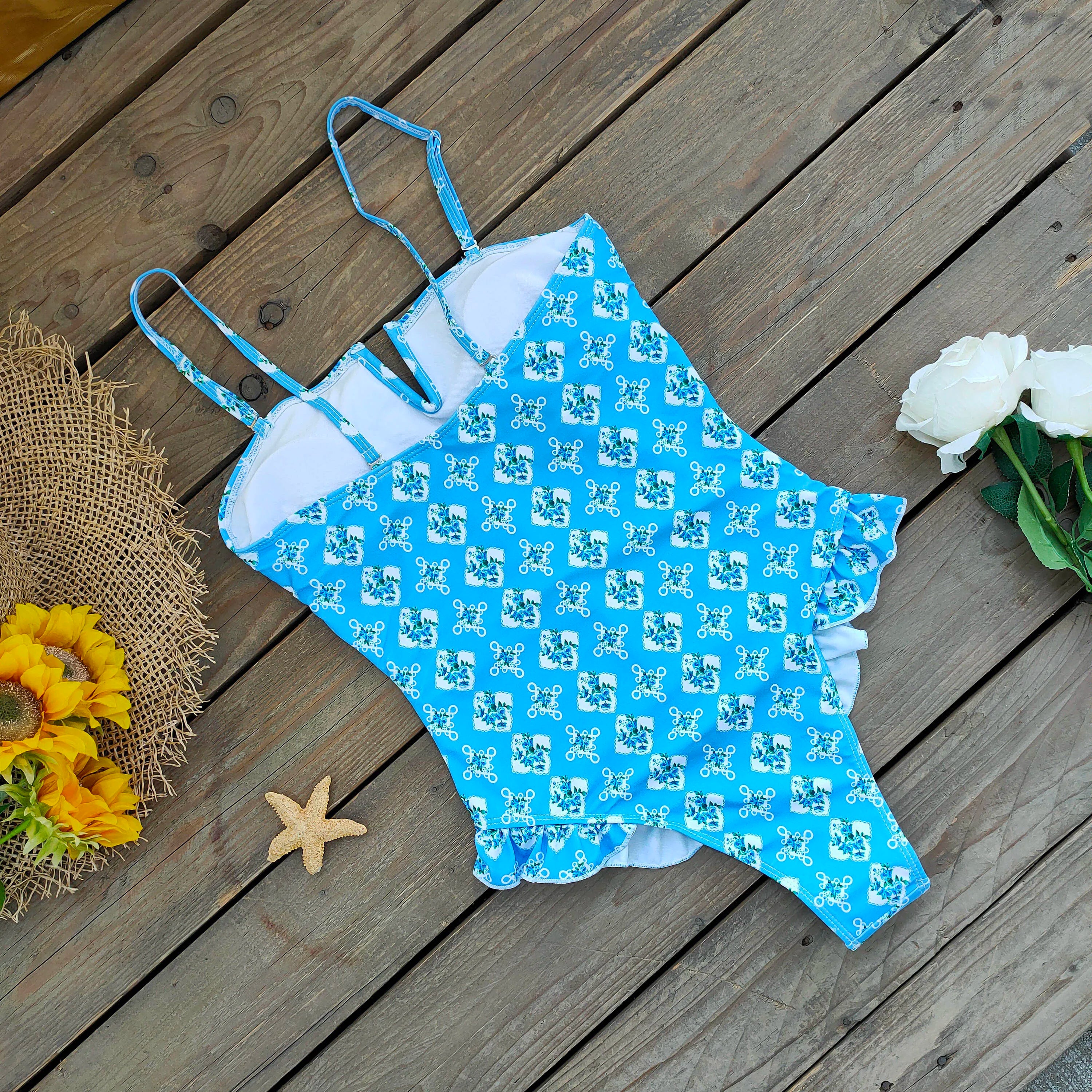 Bandage One Piece Swimsuit Women Swimwear Ruffle Bodysuit Monokini Print Swim Suit Bathing Suit Beachwear