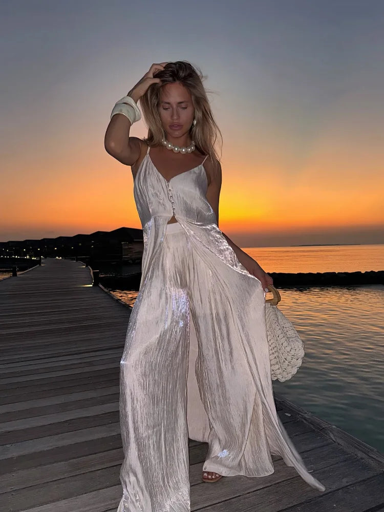 Spaghetti strap Long Top Pants Suits Women Sexy V-neck Sleeveless Backless Patchwork Tops Wide Leg Trousers Chic Ladies Outfits