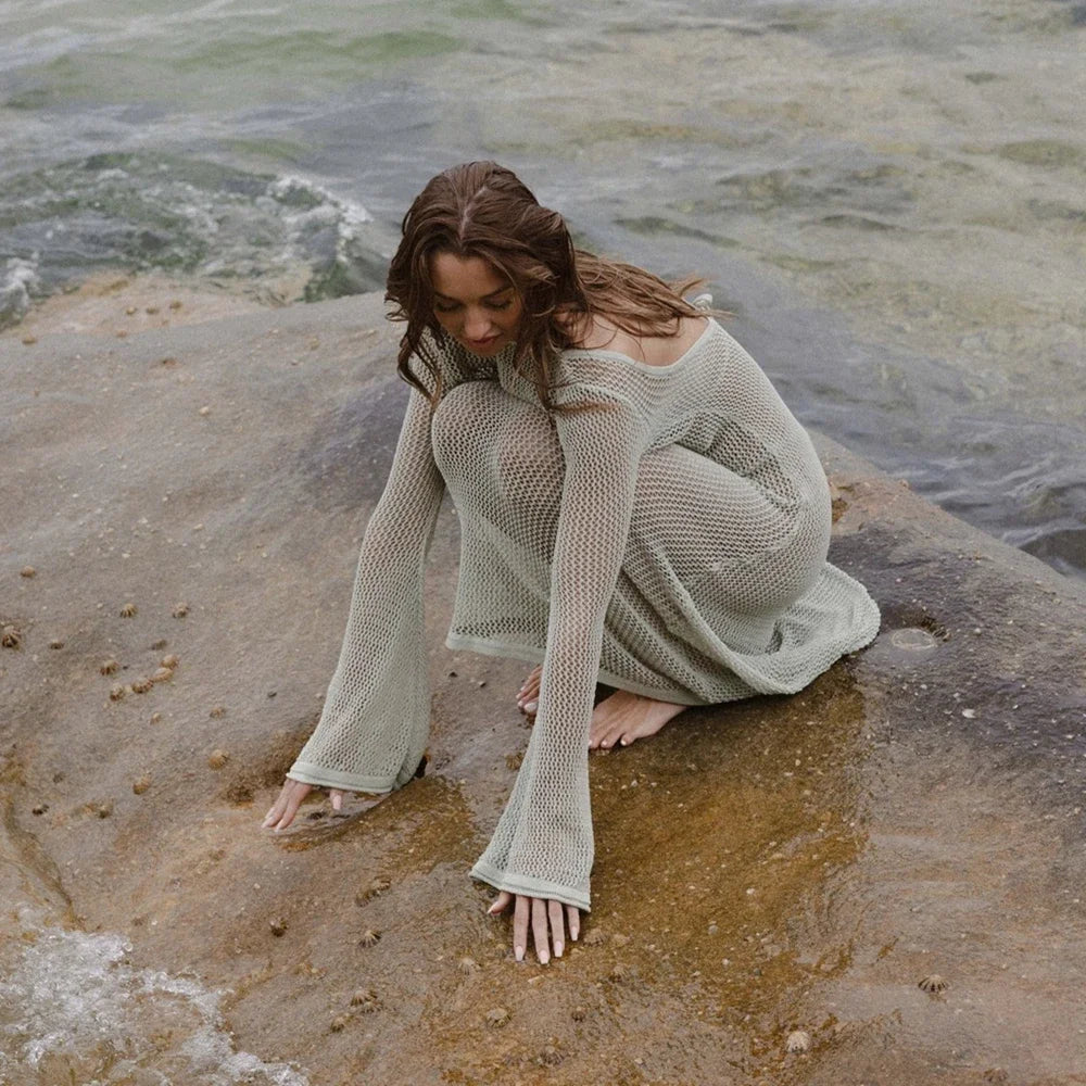 Combhasaki Women's Summer Knitted See-through Beachwear Solid Color Flare Long Sleeve O Neck Hollow Backless Cover Up Long Dress