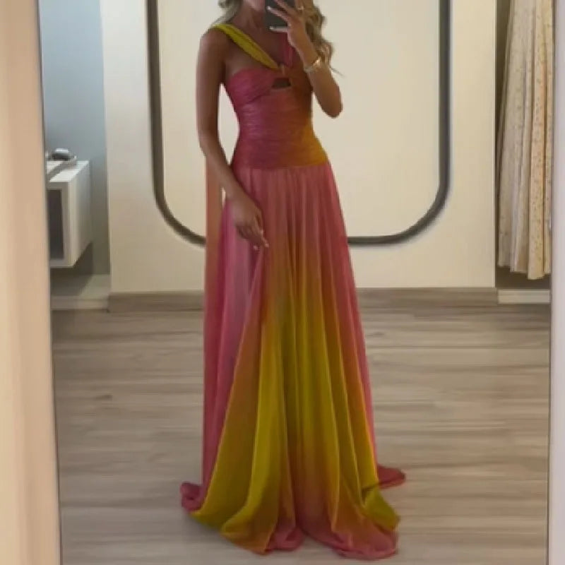 Sexy Halter Tops and Long Skirts Party Outfits Women Fashion Gradient Printed Pleated 2Pc Suit Elegant Sleeveless Backless Sets