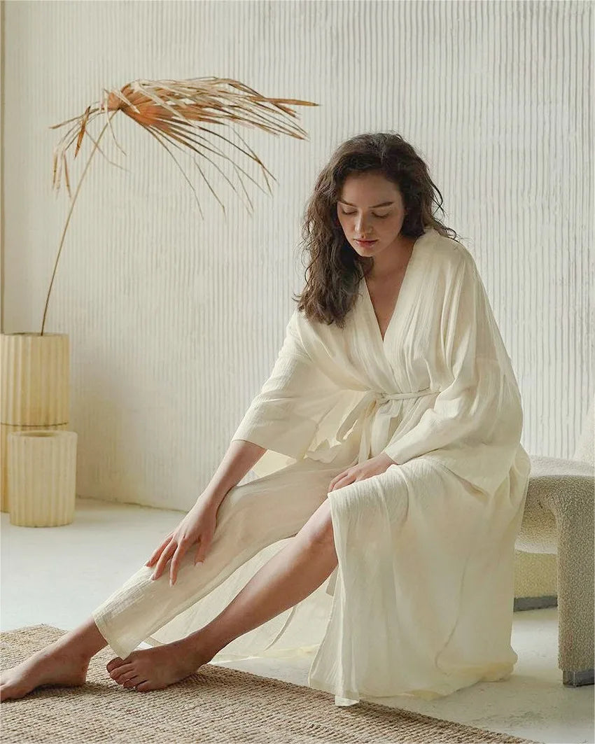 Women's Cotton Bathrobe Long Sleeve Loose Solid V Neck Ladies Kimono with Sashes Spring Autumn Bath Robe for Female Nightwear