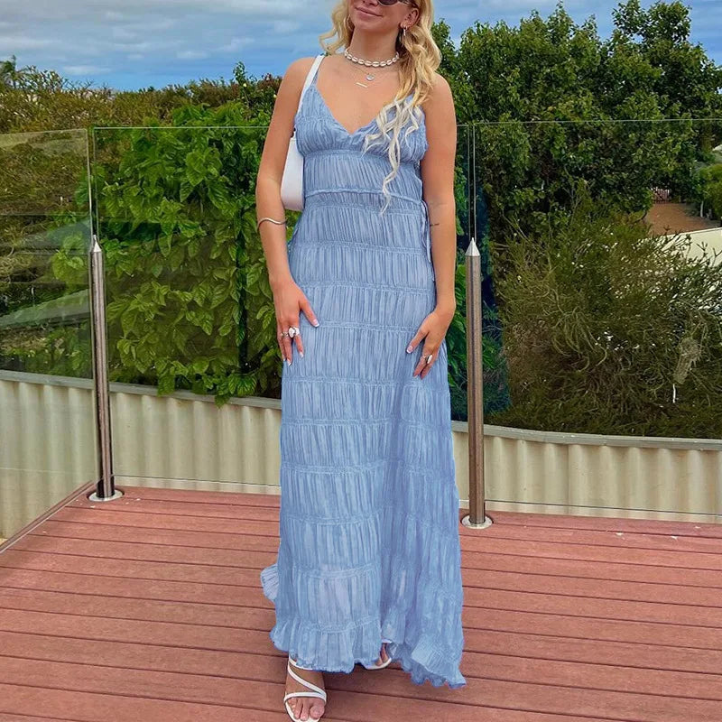 2025 Summer Sexy V Neck Suspender Sleeveless Long Dress Women Holiday Beach Party Elegant Maxi Dresses Chic High Waist Robes