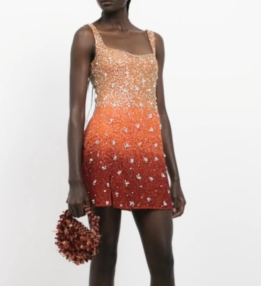 New Temperament Sequin Slim Evening Dress Casual Square Collar Pearl Design Dress Summer Hollow Sleeveless Suspender Club Dress