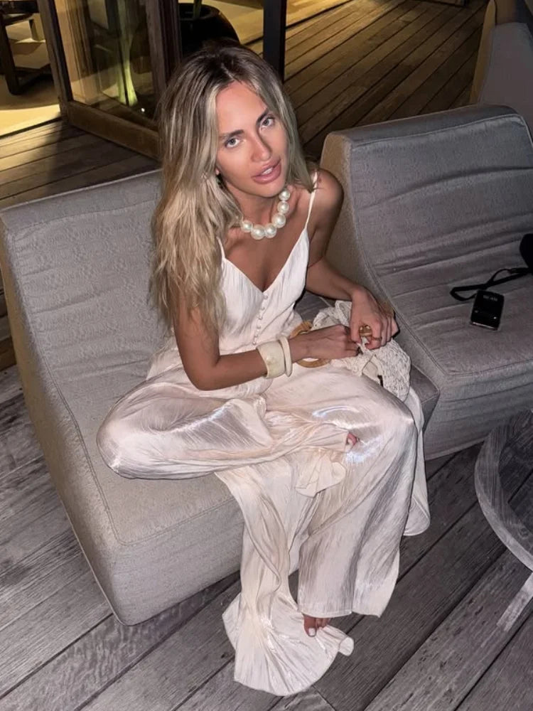 Spaghetti strap Long Top Pants Suits Women Sexy V-neck Sleeveless Backless Patchwork Tops Wide Leg Trousers Chic Ladies Outfits