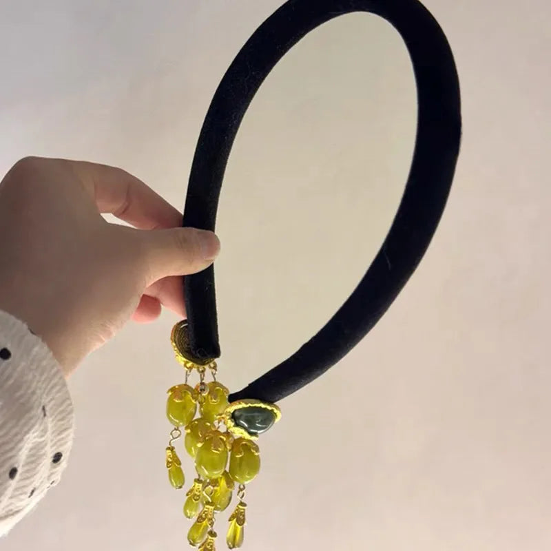 Vintage Fringe Headband Olive Green New Chinese Headclip Women's Fake Earrings Elegant Headwear Hair Accessories