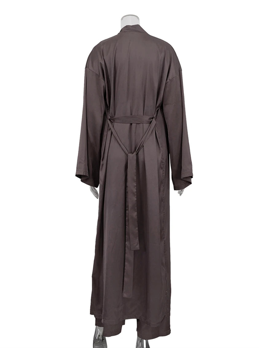 Marthaqiqi Casual Ladies Nightwear Suit Sexy V-Neck Robe Long Sleeve Nightgown Tank Top Sleepwear Pants Loose Pajama 3 Piece Set