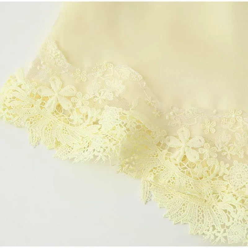 Women Yellow Patchwork Lace Shorts Suit Casual Off Shoulder Sleeveless Sling Top 2 Pieces Set Lady 2025 New Summer Daily Suits