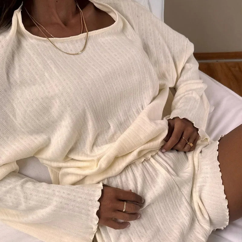 Women's Solid Pajamas Set Autumn Long Sleeve Top And Shorts Sleepwear 2 Piece Set For Women Casual Loose Breathe Homewear