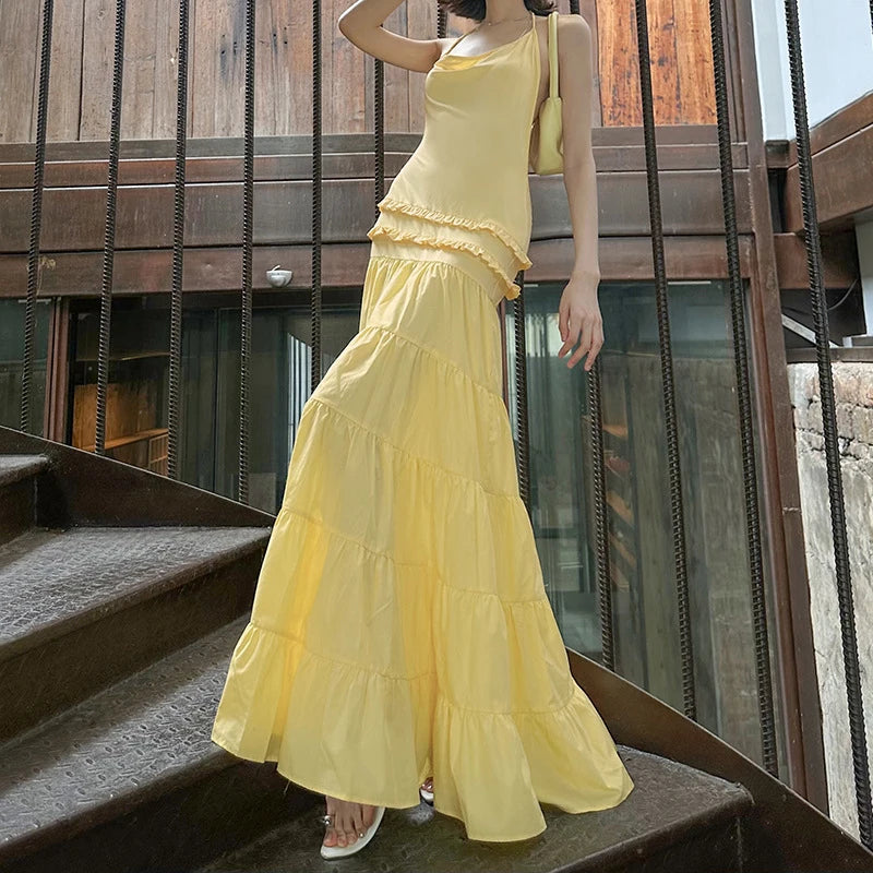 Sexy Suspender Sleeveless Backless Evening Dress Leisure Ruffles Spliced Long Dress Summer Leisure Vacation Solid Party Dresses
