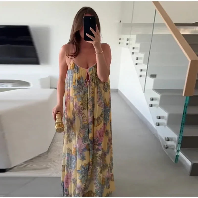 Floral Print Women's Dress Boho Sling V-neck Sleeveless Backless Straight Female Dresses 2025 Summer Elegant Vacation Lady Robes