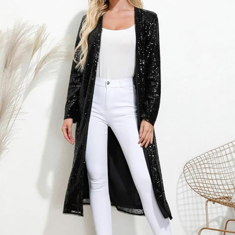 Fashion Sequined Long Sleeved Women's Cardigan Autumn Casual Streetwear Loose Jackets Ladies Temperament Solid Color Outerwear