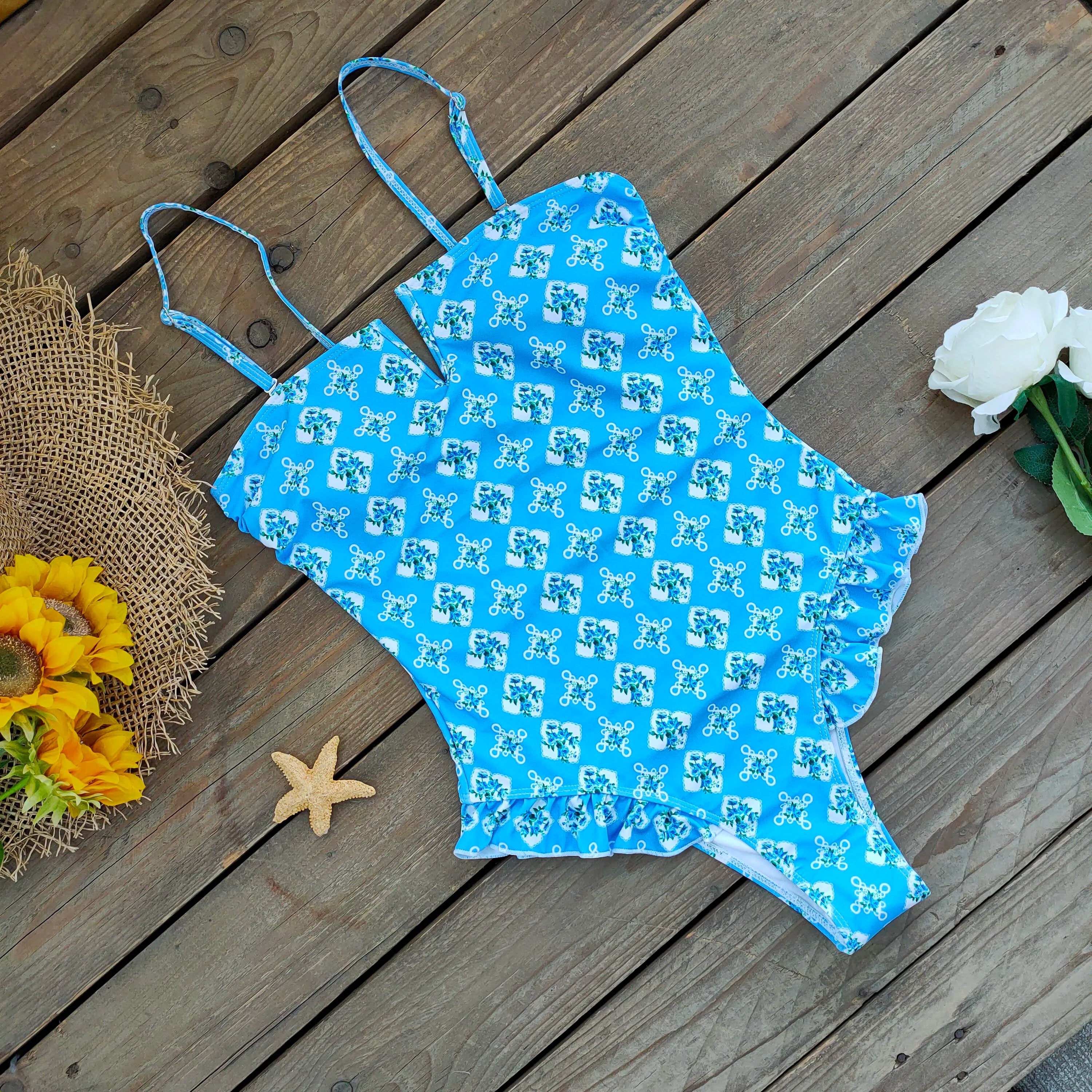 Bandage One Piece Swimsuit Women Swimwear Ruffle Bodysuit Monokini Print Swim Suit Bathing Suit Beachwear