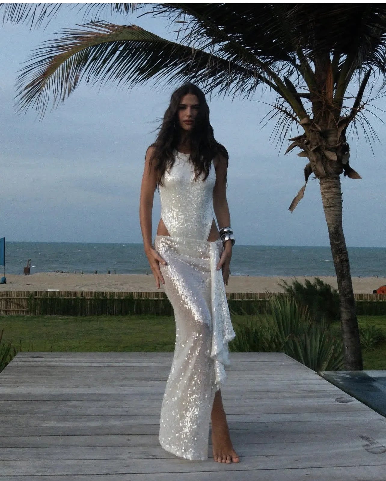 Women Sequined Jumpsuits Ruched Skirts Sets Sexy O-neck Sleeveless Bodysuit High Split Skirt 2 Piece Sets Holiday Beach Outfits