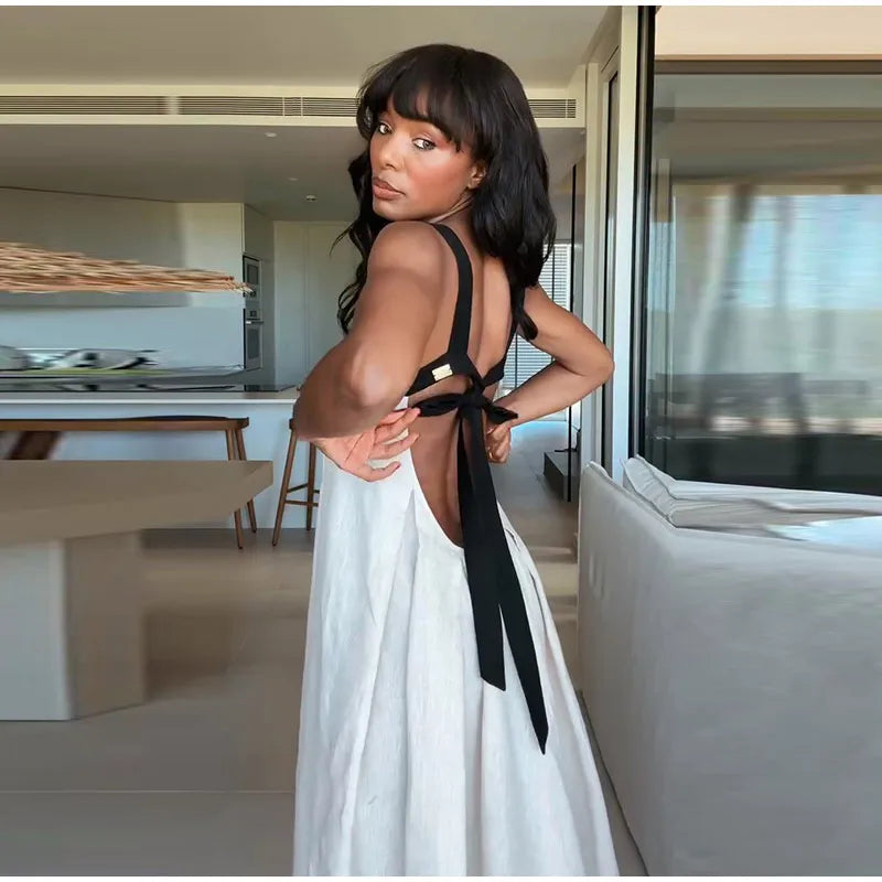 Elegant Bra-Splicing Slip Long Dress Women Sleeveless Backless Lace Up Party Dresses 2025 Summer Beach Patchwork Female Robes