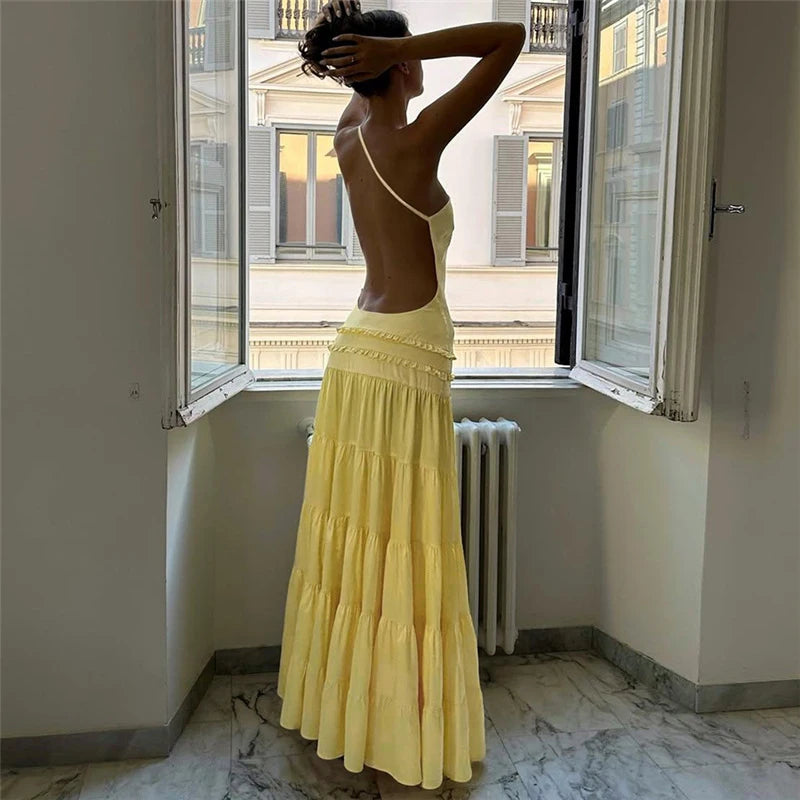 Sexy Suspender Sleeveless Backless Evening Dress Leisure Ruffles Spliced Long Dress Summer Leisure Vacation Solid Party Dresses