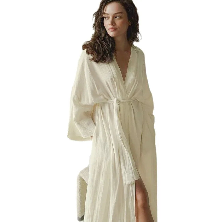 Women's Cotton Bathrobe Long Sleeve Loose Solid V Neck Ladies Kimono with Sashes Spring Autumn Bath Robe for Female Nightwear