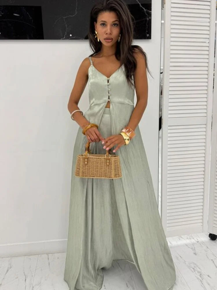 Spaghetti strap Long Top Pants Suits Women Sexy V-neck Sleeveless Backless Patchwork Tops Wide Leg Trousers Chic Ladies Outfits