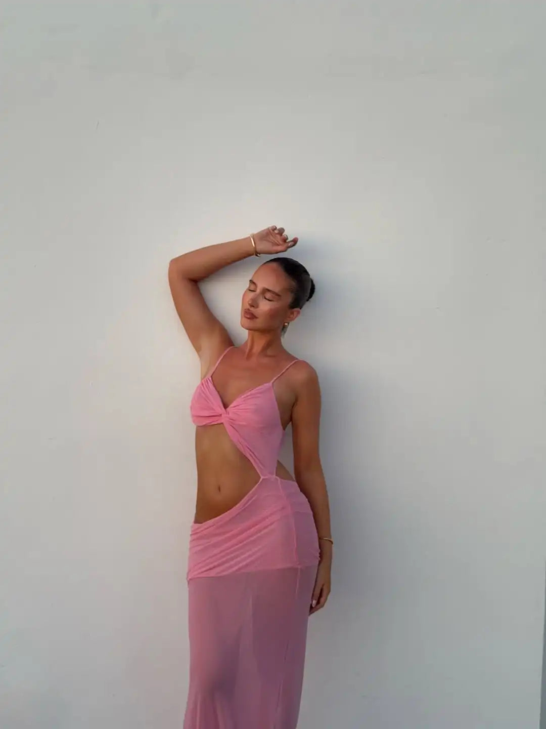 Solid Irregular Pleated Maxi Dress Women Sexy V-neck See Through Midriff-baring Slim Long Dresses 2025 Lady Evening Party Gowns