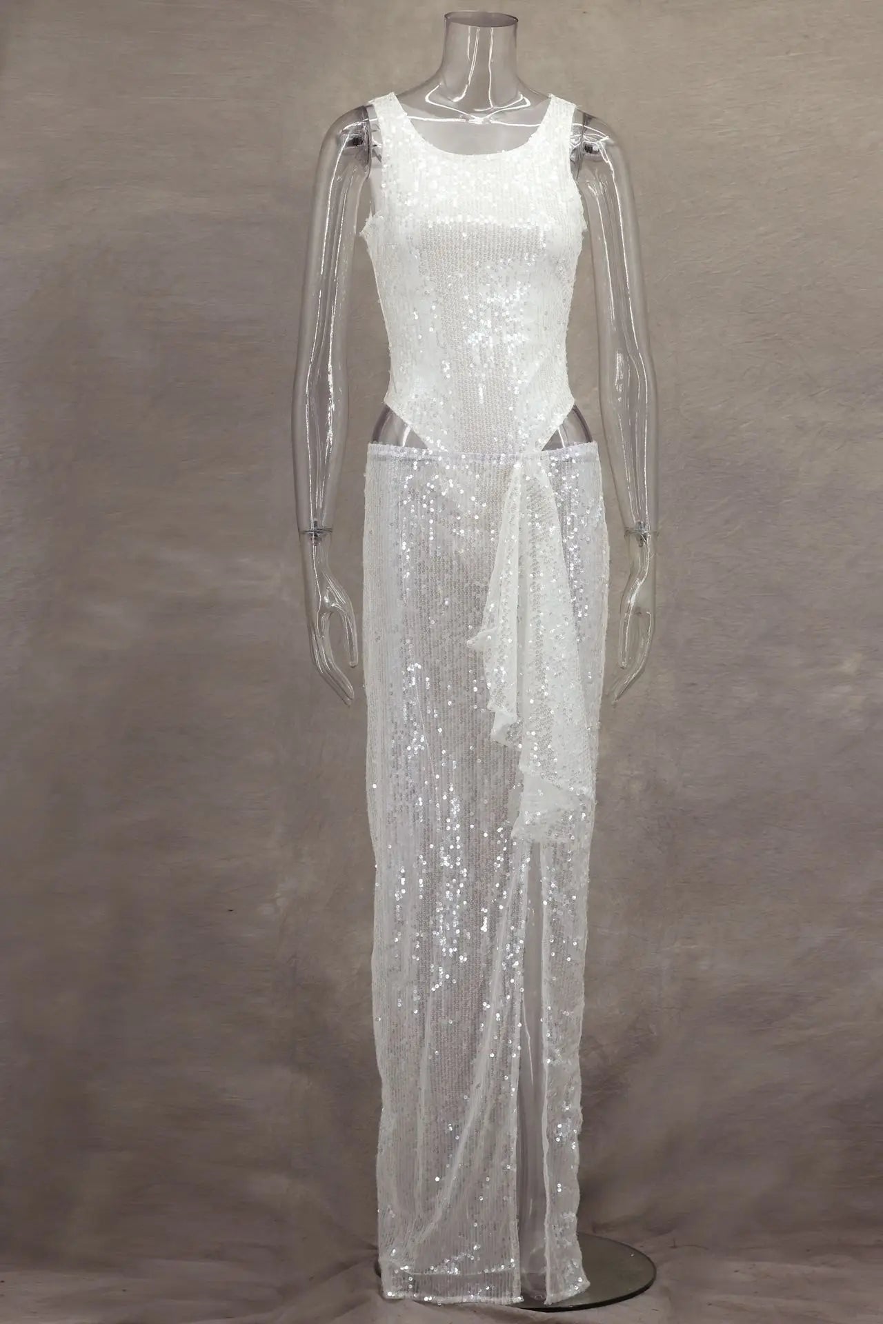 Women Sequined Jumpsuits Ruched Skirts Sets Sexy O-neck Sleeveless Bodysuit High Split Skirt 2 Piece Sets Holiday Beach Outfits