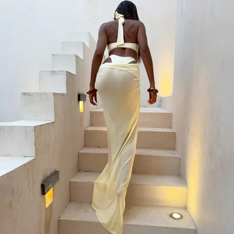 Summer Skirt Two Piece Set Women Fashion Hollow Out Halter Bodysuit And Maxi Skirt Female Elegant Beach Two Piece Set