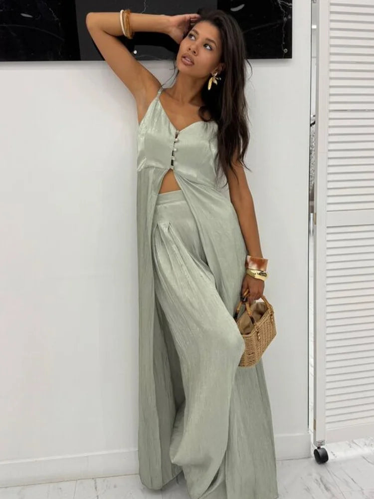 Spaghetti strap Long Top Pants Suits Women Sexy V-neck Sleeveless Backless Patchwork Tops Wide Leg Trousers Chic Ladies Outfits