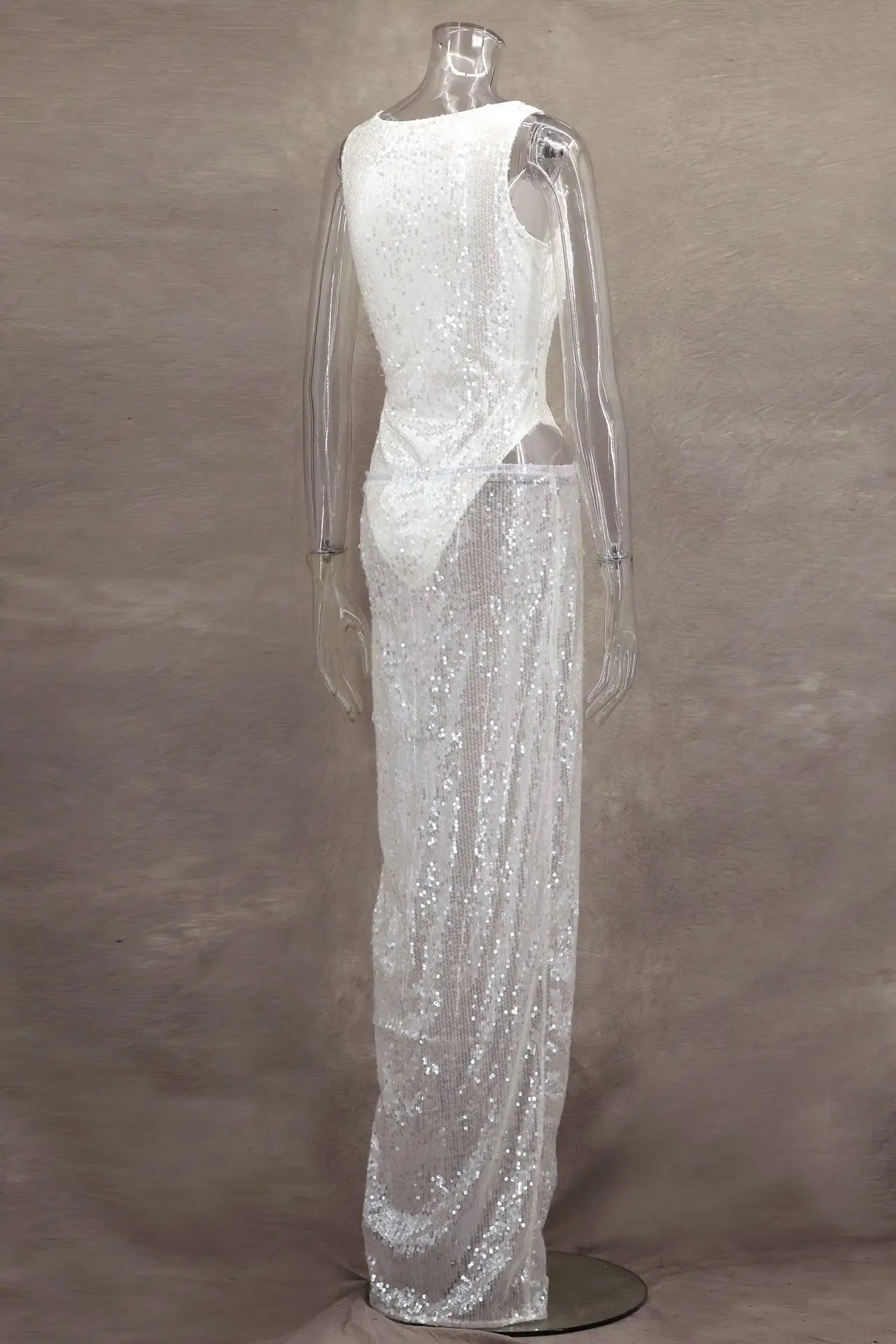 Women Sequined Jumpsuits Ruched Skirts Sets Sexy O-neck Sleeveless Bodysuit High Split Skirt 2 Piece Sets Holiday Beach Outfits