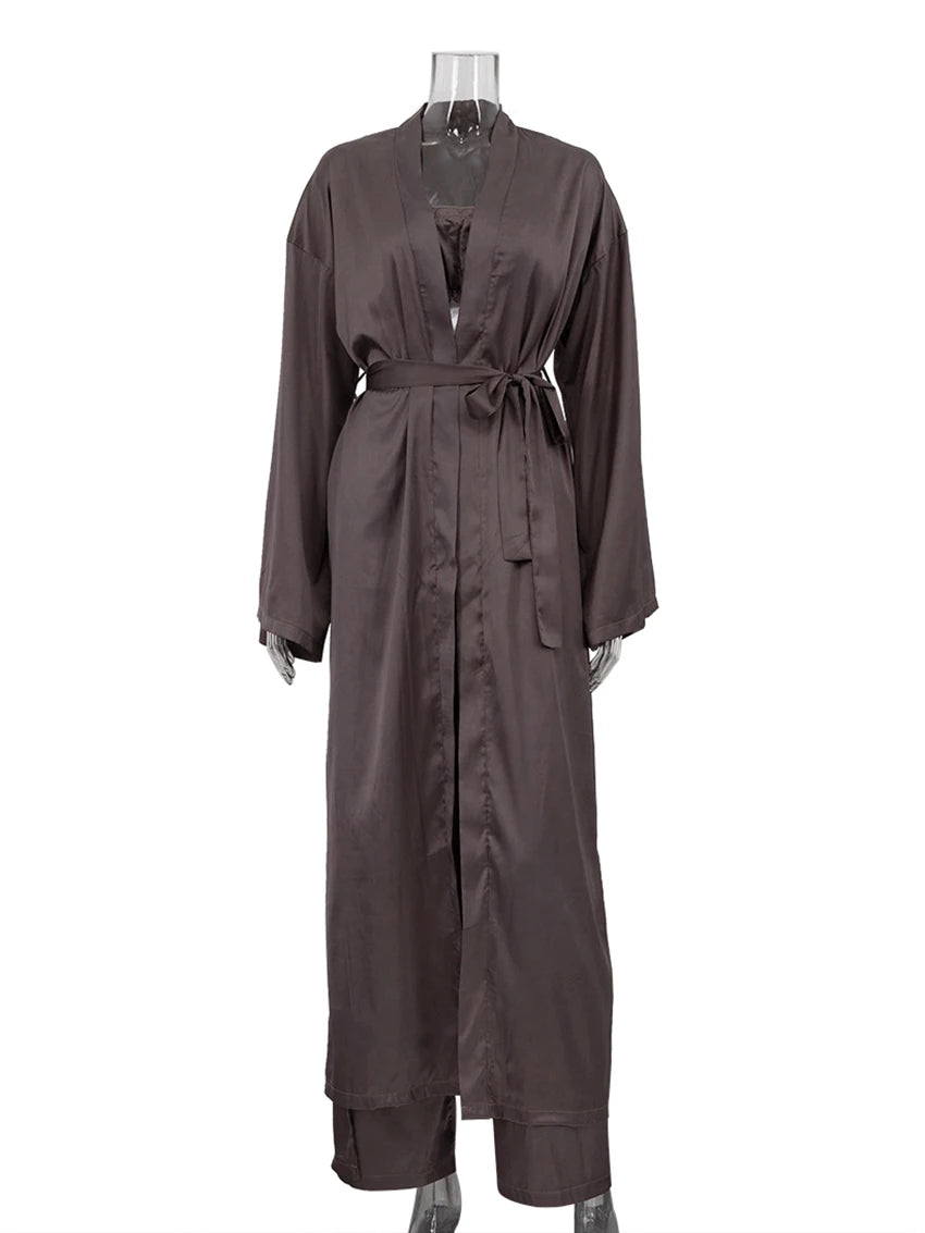 Marthaqiqi Casual Ladies Nightwear Suit Sexy V-Neck Robe Long Sleeve Nightgown Tank Top Sleepwear Pants Loose Pajama 3 Piece Set