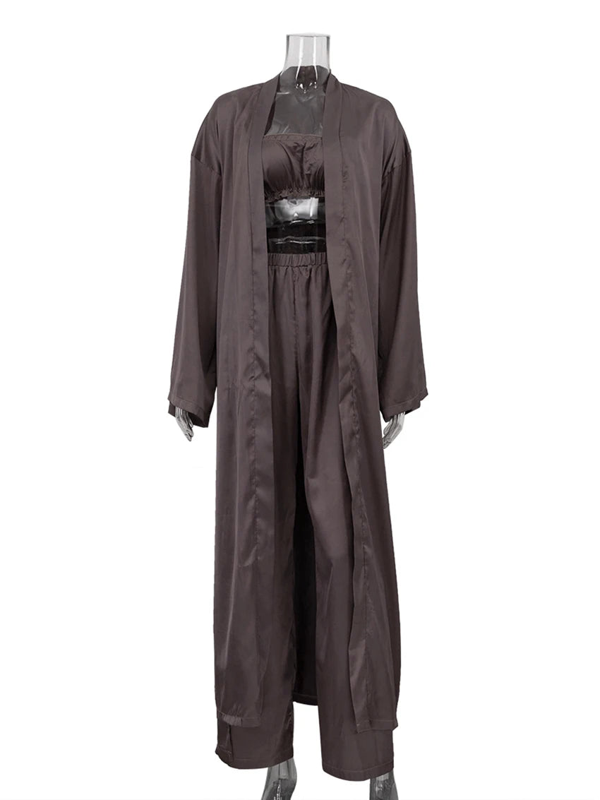 Marthaqiqi Casual Ladies Nightwear Suit Sexy V-Neck Robe Long Sleeve Nightgown Tank Top Sleepwear Pants Loose Pajama 3 Piece Set