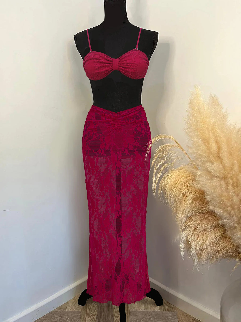 Fashion Lace Bikini And Long Skirt Women 3/4 Pc Set Swimsuit 2025 Sexy See Through Biquni Lady Beachwear Outfit Female Dress Set