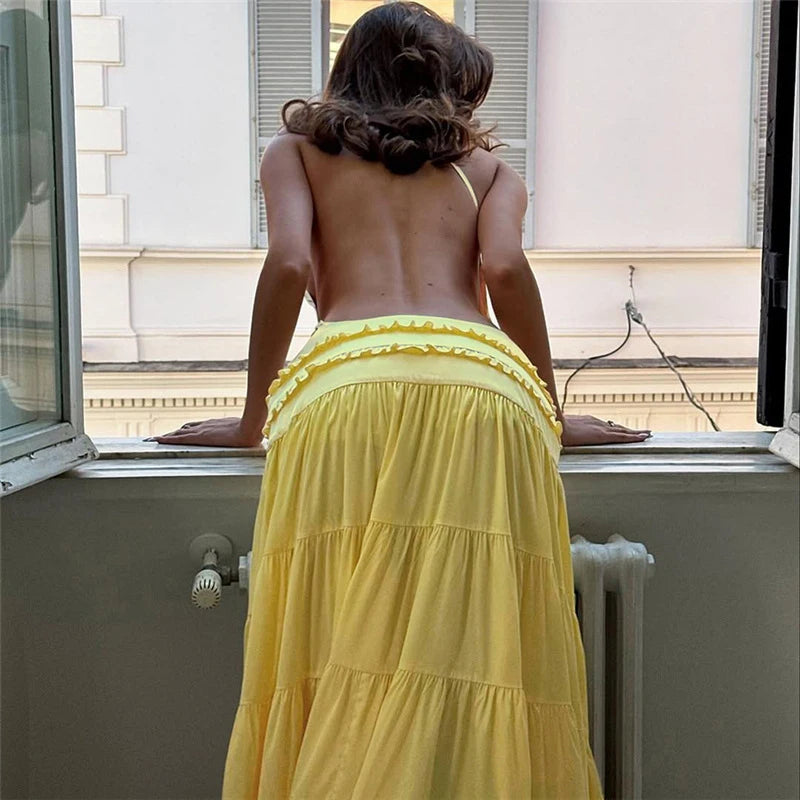 Sexy Suspender Sleeveless Backless Evening Dress Leisure Ruffles Spliced Long Dress Summer Leisure Vacation Solid Party Dresses