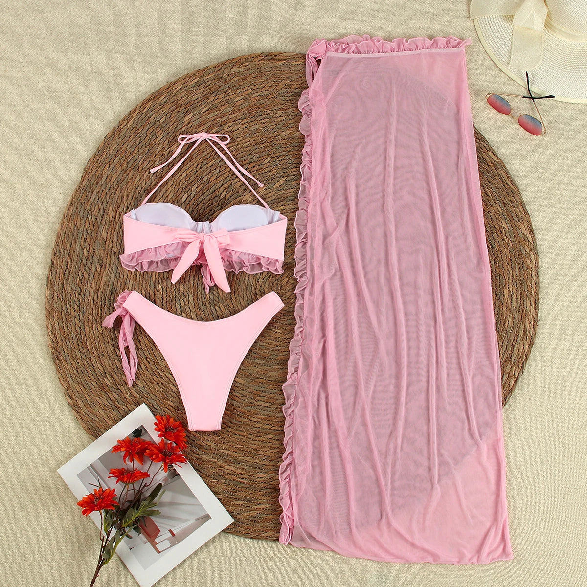Sexy 3 pieces Bikinis 2024 Swimsuit For Women Swimwear Brazilian Bikini Set Biquini Female Swimuits Bandeau Pink Beachwear