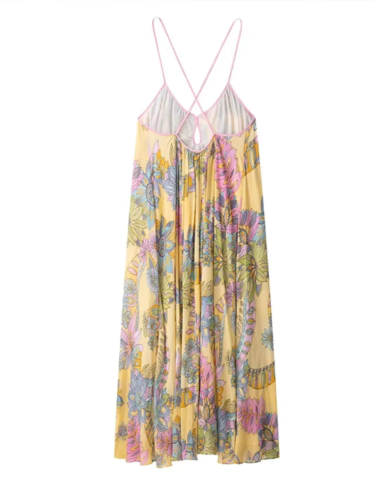 Floral Print Women's Dress Boho Sling V-neck Sleeveless Backless Straight Female Dresses 2025 Summer Elegant Vacation Lady Robes