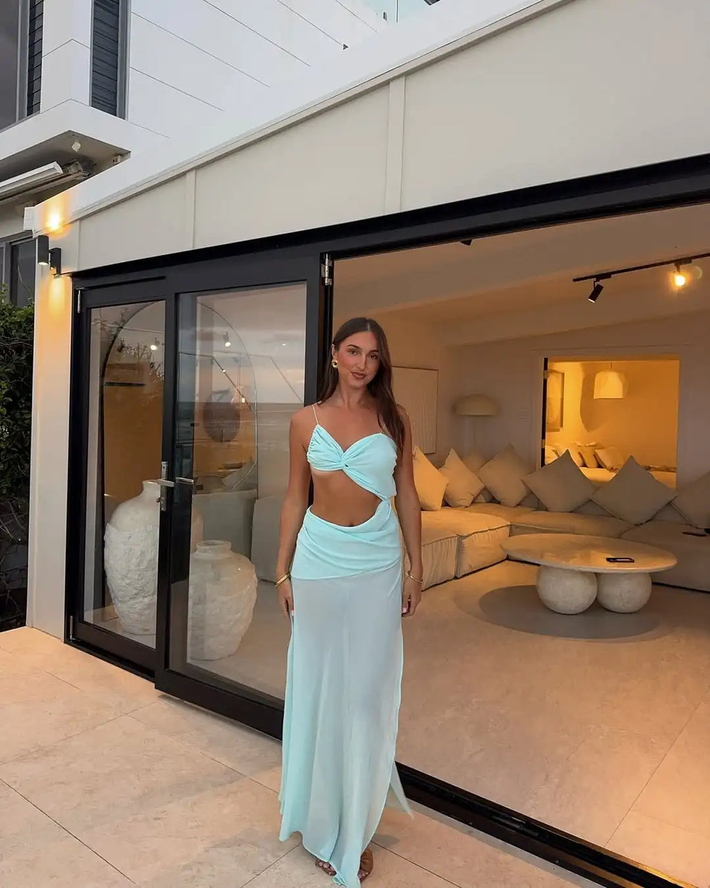 Solid Irregular Pleated Maxi Dress Women Sexy V-neck See Through Midriff-baring Slim Long Dresses 2025 Lady Evening Party Gowns