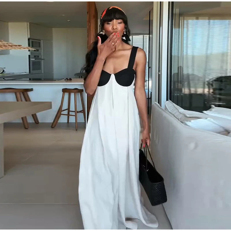 Elegant Bra-Splicing Slip Long Dress Women Sleeveless Backless Lace Up Party Dresses 2025 Summer Beach Patchwork Female Robes