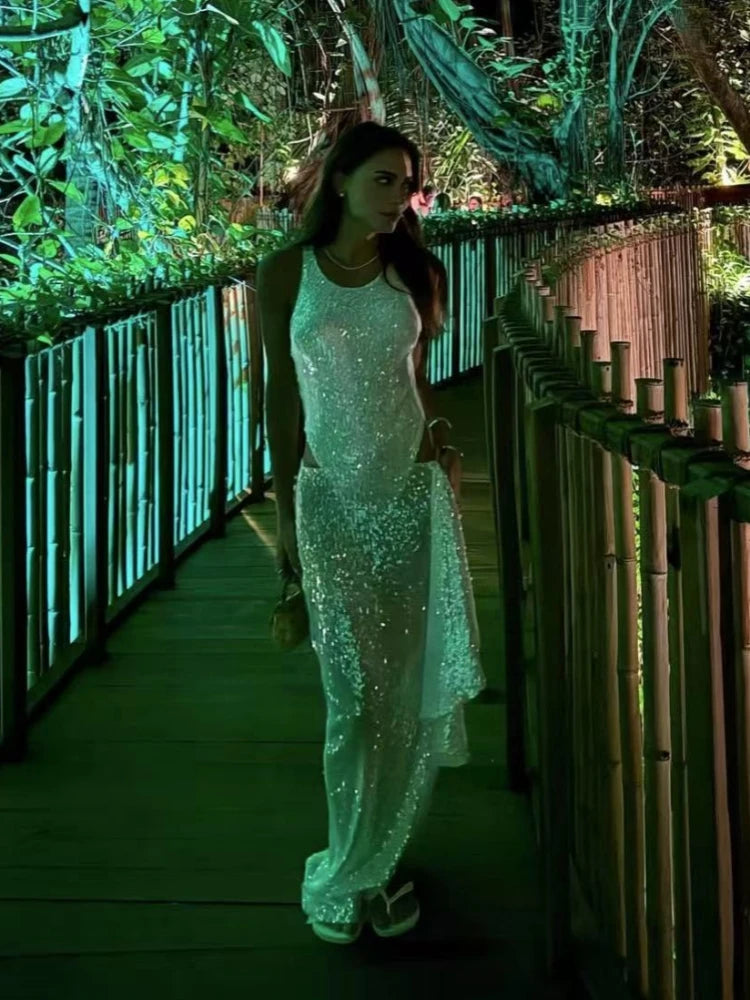 Women Sequined Jumpsuits Ruched Skirts Sets Sexy O-neck Sleeveless Bodysuit High Split Skirt 2 Piece Sets Holiday Beach Outfits