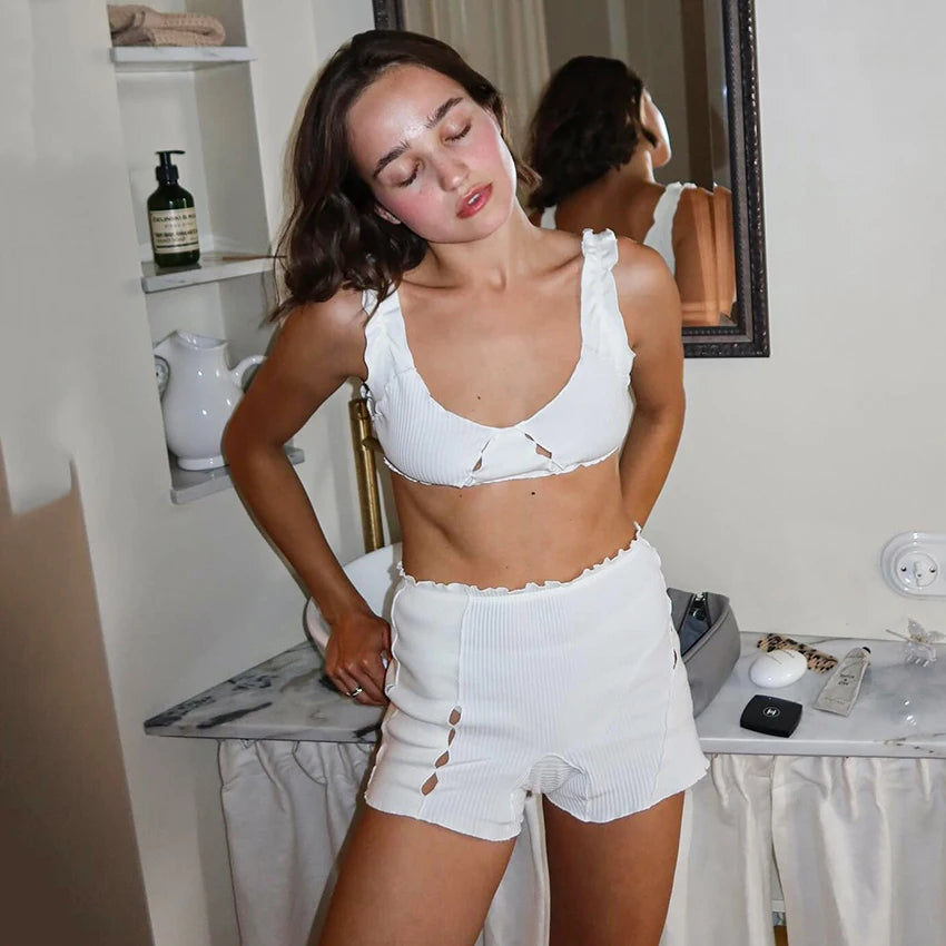 HiLoc Sexy White Crop Top Pajamas Woman Casual Ruffles Tank Top And High Waist Shorts 2 Piece Sets Women Home Knit Outfits 2025