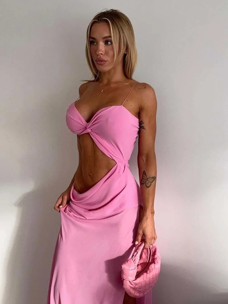 Solid Irregular Pleated Maxi Dress Women Sexy V-neck See Through Midriff-baring Slim Long Dresses 2025 Lady Evening Party Gowns