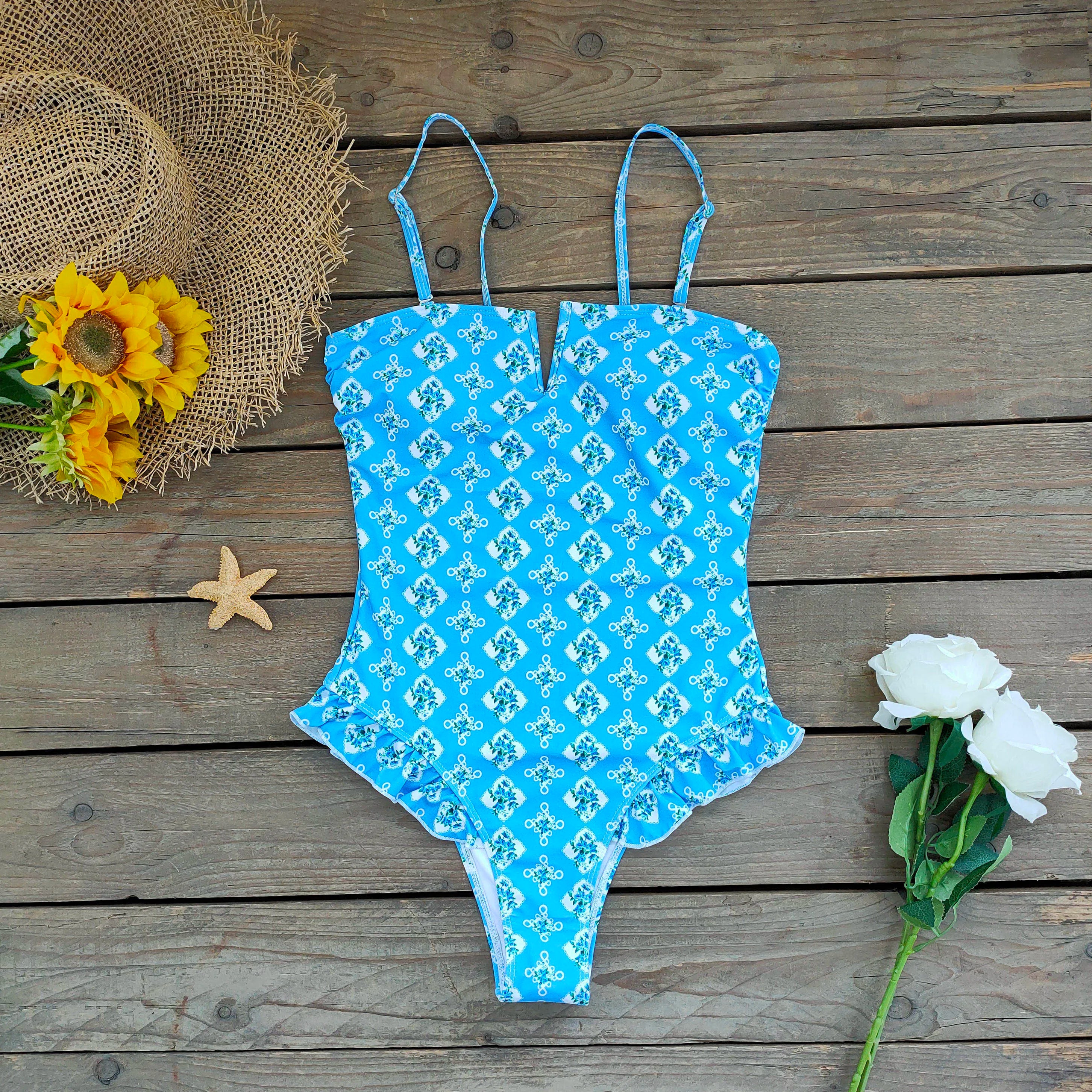Bandage One Piece Swimsuit Women Swimwear Ruffle Bodysuit Monokini Print Swim Suit Bathing Suit Beachwear