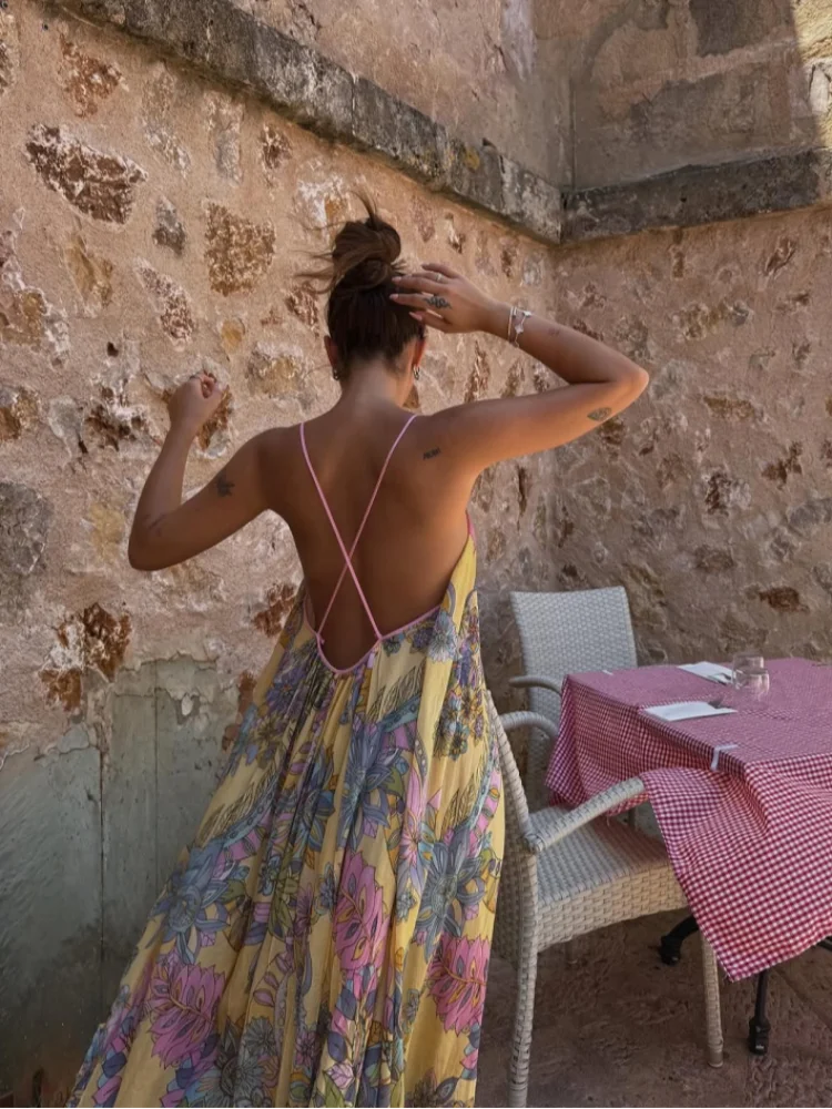 Floral Print Women's Dress Boho Sling V-neck Sleeveless Backless Straight Female Dresses 2025 Summer Elegant Vacation Lady Robes