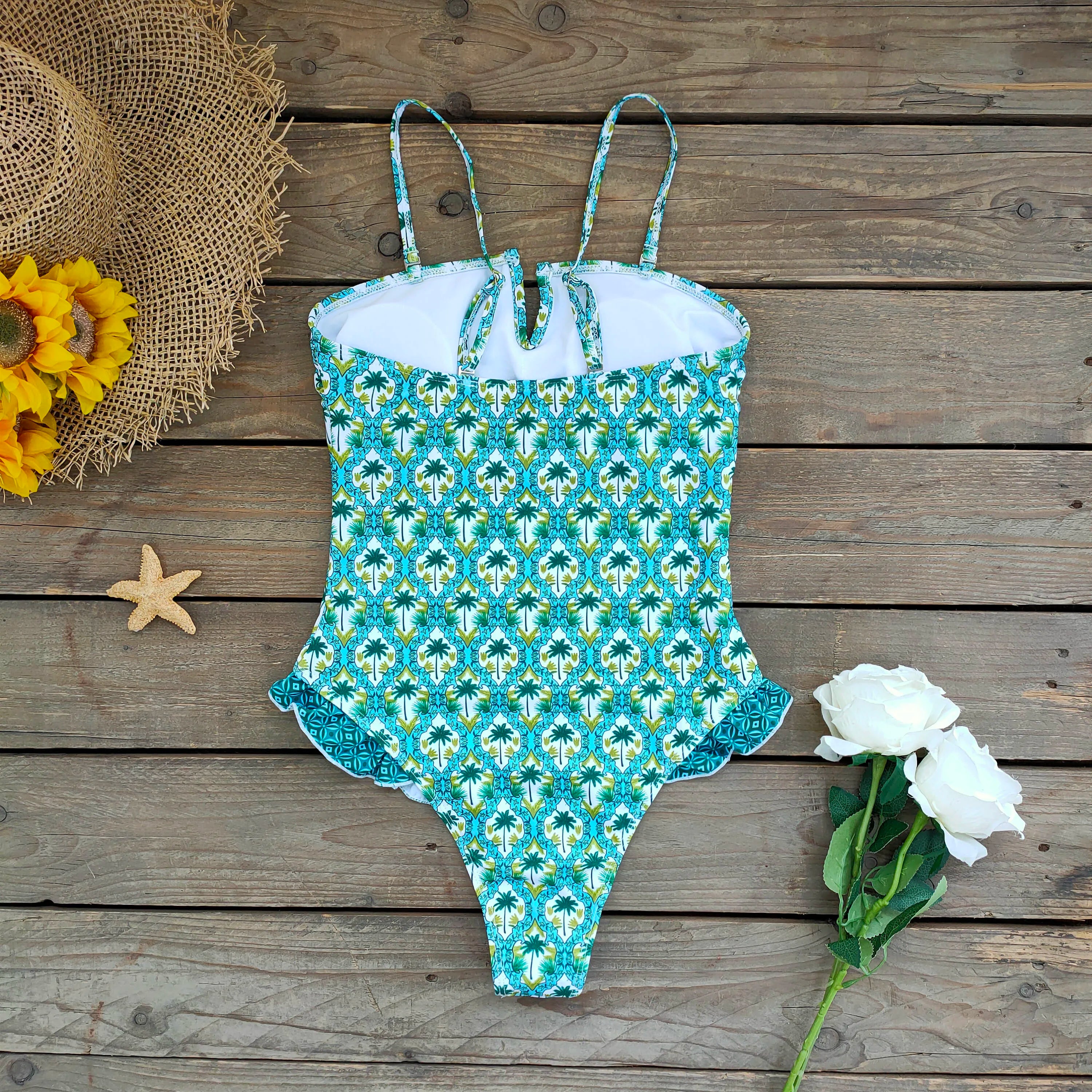 Bandage One Piece Swimsuit Women Swimwear Ruffle Bodysuit Monokini Print Swim Suit Bathing Suit Beachwear