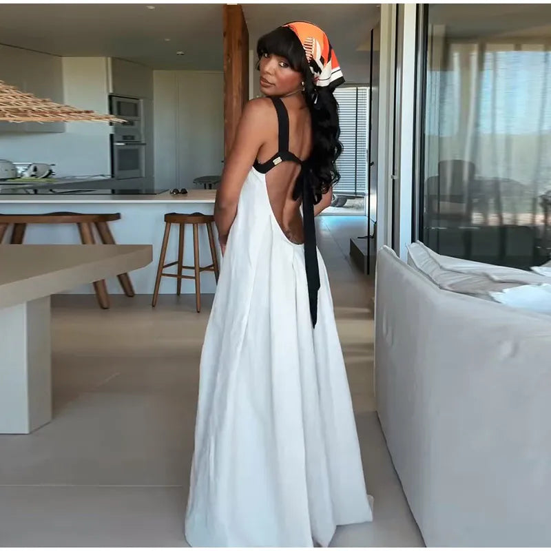 Elegant Bra-Splicing Slip Long Dress Women Sleeveless Backless Lace Up Party Dresses 2025 Summer Beach Patchwork Female Robes