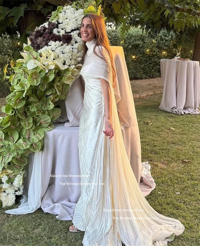 Xijun Luxury Silk Satin Mermaid Evening Dresses Mermaid High Collar Wedding Dresses Scarf Formal Occasion Prom Gowns Customized