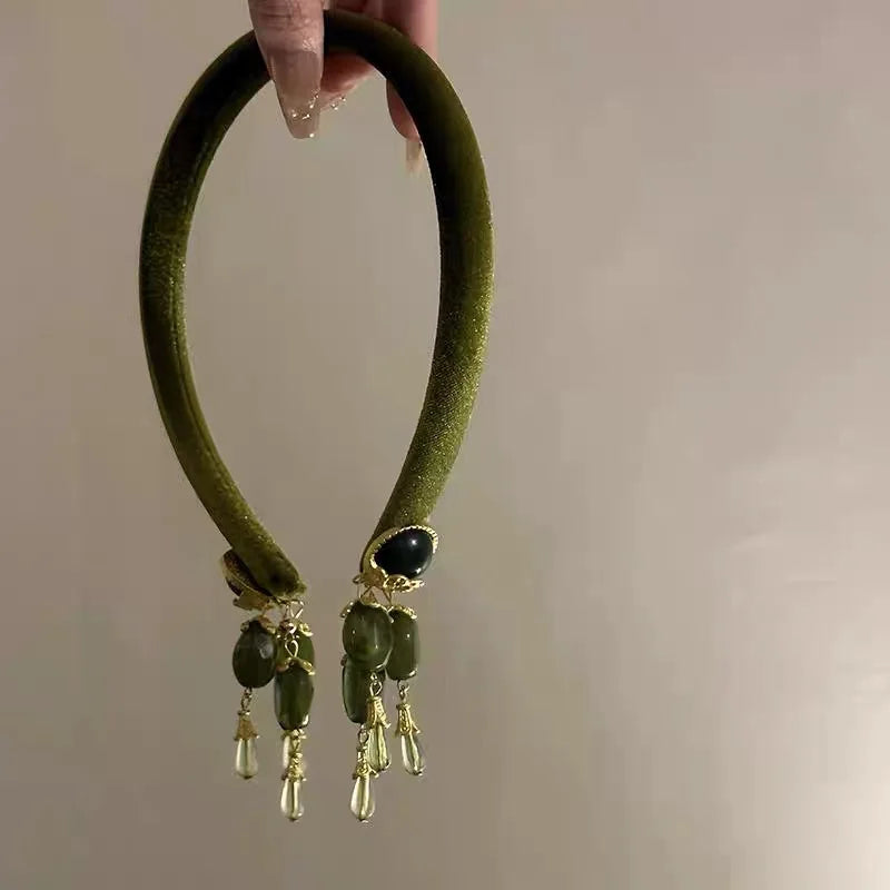 Vintage Fringe Headband Olive Green New Chinese Headclip Women's Fake Earrings Elegant Headwear Hair Accessories
