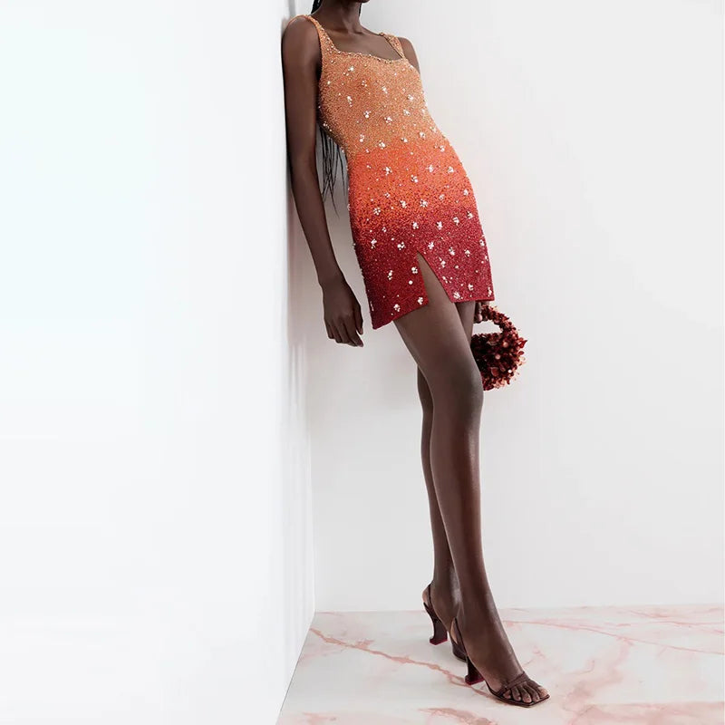 New Temperament Sequin Slim Evening Dress Casual Square Collar Pearl Design Dress Summer Hollow Sleeveless Suspender Club Dress