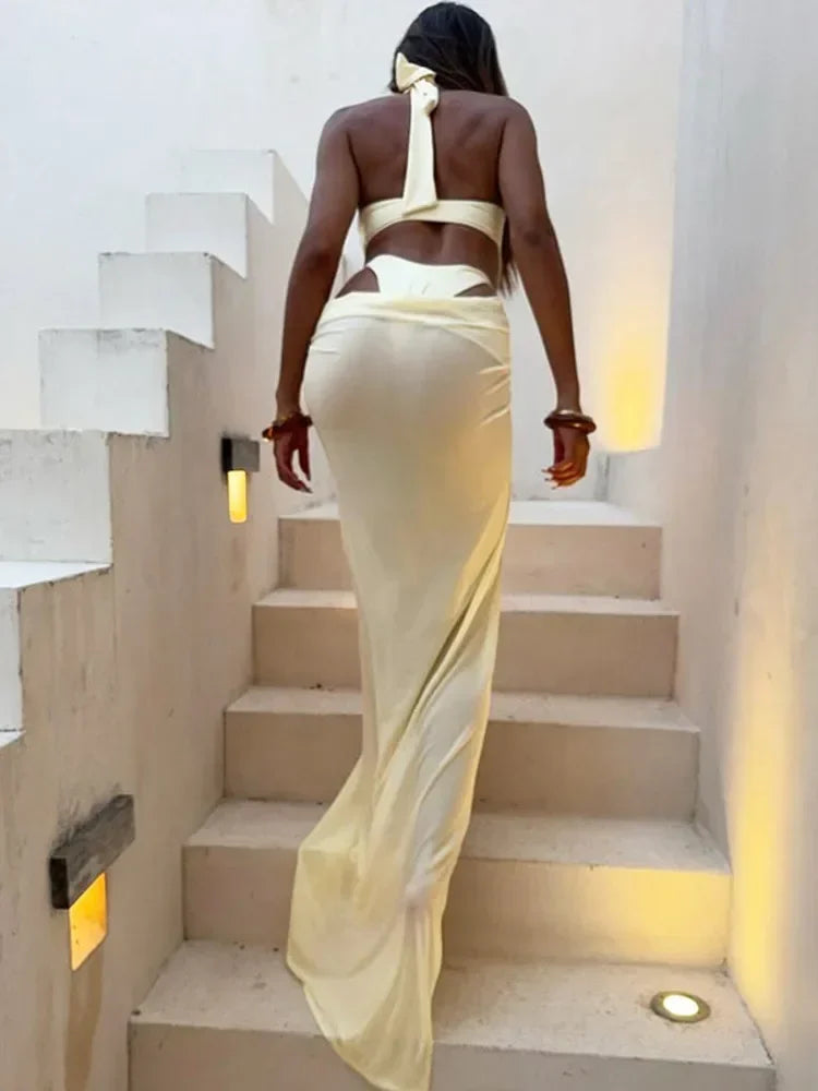 Summer Skirt Two Piece Set Women Fashion Hollow Out Halter Bodysuit And Maxi Skirt Female Elegant Beach Two Piece Set