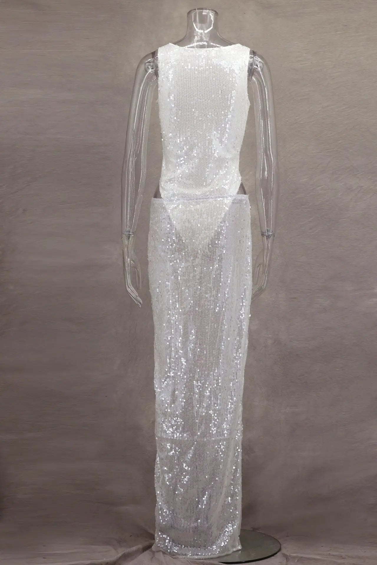 Women Sequined Jumpsuits Ruched Skirts Sets Sexy O-neck Sleeveless Bodysuit High Split Skirt 2 Piece Sets Holiday Beach Outfits