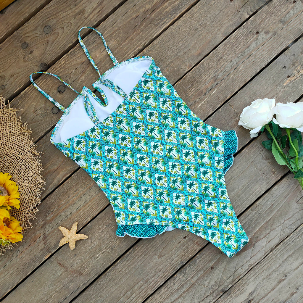 Bandage One Piece Swimsuit Women Swimwear Ruffle Bodysuit Monokini Print Swim Suit Bathing Suit Beachwear