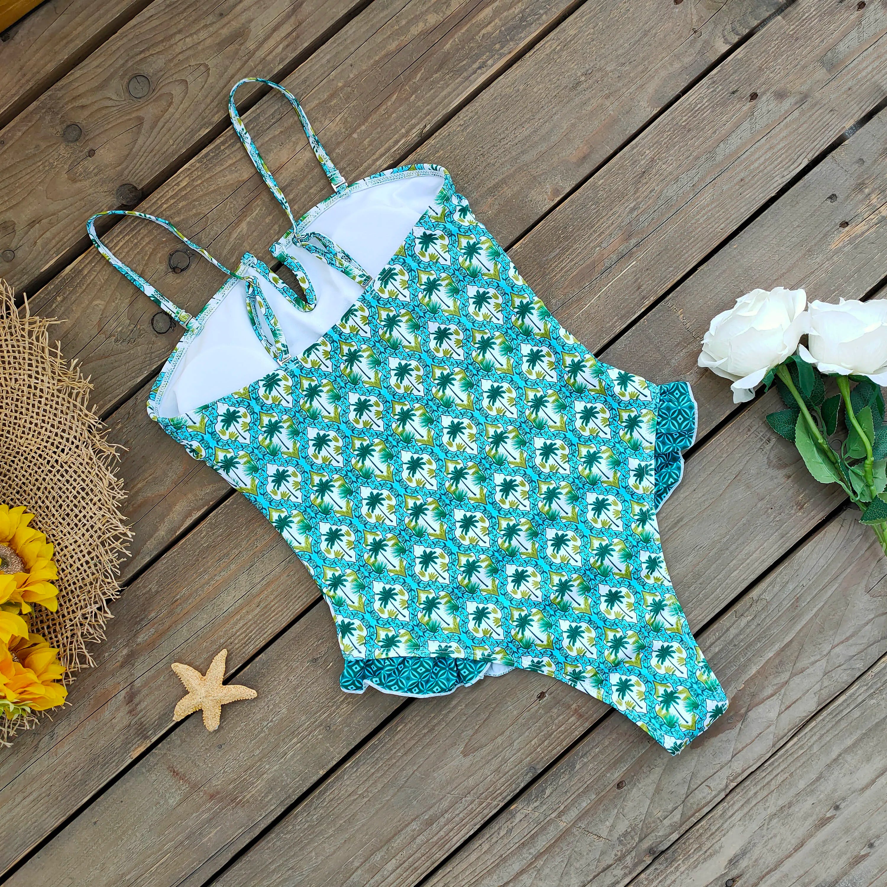 Bandage One Piece Swimsuit Women Swimwear Ruffle Bodysuit Monokini Print Swim Suit Bathing Suit Beachwear