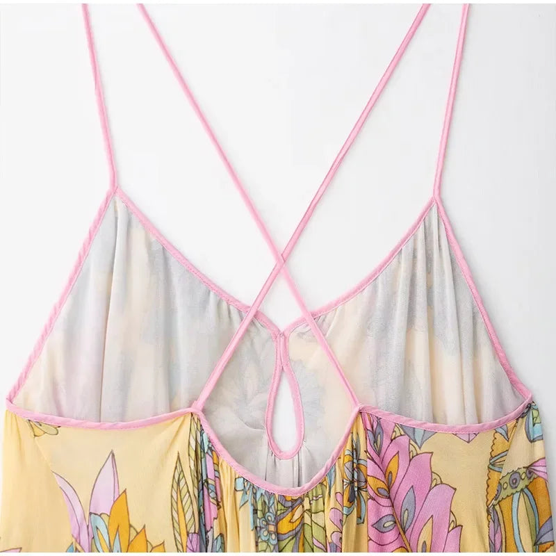 Floral Print Women's Dress Boho Sling V-neck Sleeveless Backless Straight Female Dresses 2025 Summer Elegant Vacation Lady Robes